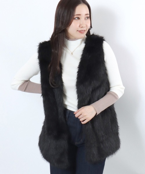 ベスト ジレ ミックスシャギー フェイクファーベスト レディース