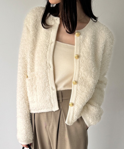 JUNOAH（ジュノア） ジャケット ノーカラージャケット パイル編み金釦