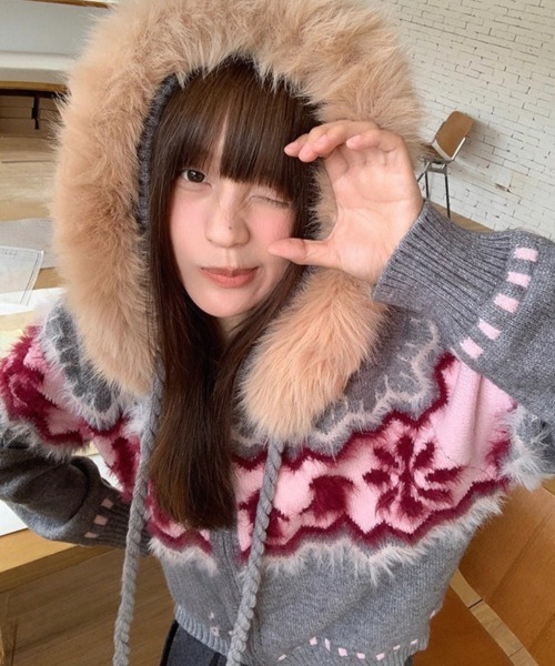 Sibra（シブラ） コート アウター ファーフード付き ノルディック柄