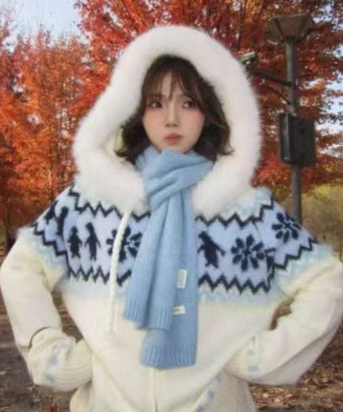 Sibra（シブラ） コート アウター ファーフード付き ノルディック柄