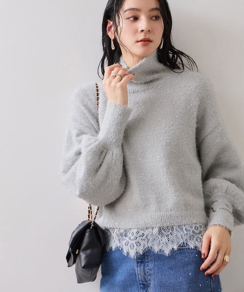 VIS（ビス） ニット セーター ラメフェザー裾レースハイネックニット