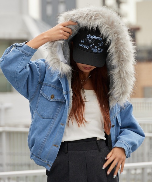 Chick デニムジャケット gジャン Faux Fur Hooded Denim Jacket