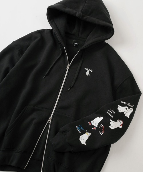 パーカー 「85」おばけイラスト ワンポイント刺繍 ＆ 袖プリント 裏