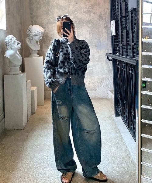 MONO8 カーディガン ヒョウ柄シャギーニットカーディガン レディース