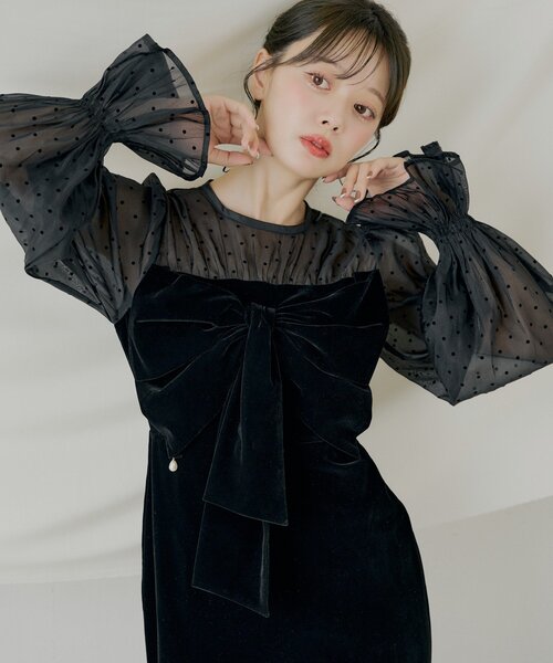 Chico（チコ） ドレス 「SALON by Chico」配色シアーリボンベロア