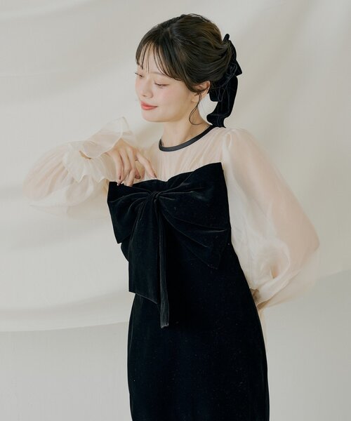 Chico（チコ） ドレス 「SALON by Chico」配色シアーリボンベロア