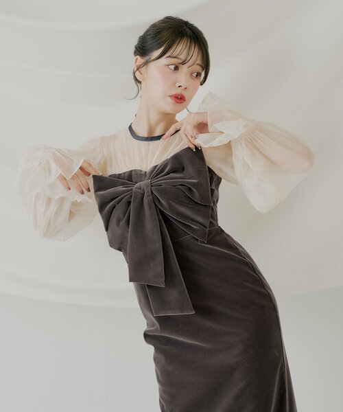 Chico（チコ） ドレス 「SALON by Chico」配色シアーリボンベロア