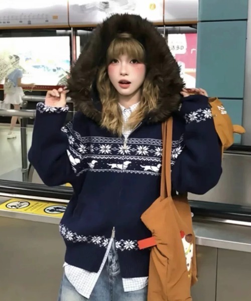 ViViDAY カーディガン ノルディック柄エコファーフード付きニット