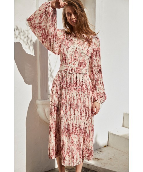 Estella.K ワンピース Jane Belted Dress プリーツプリントドレス