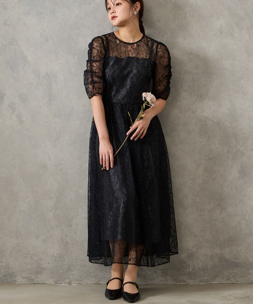 AIMER（エメ） ドレス ラメレースギャザースリーブレースアップ