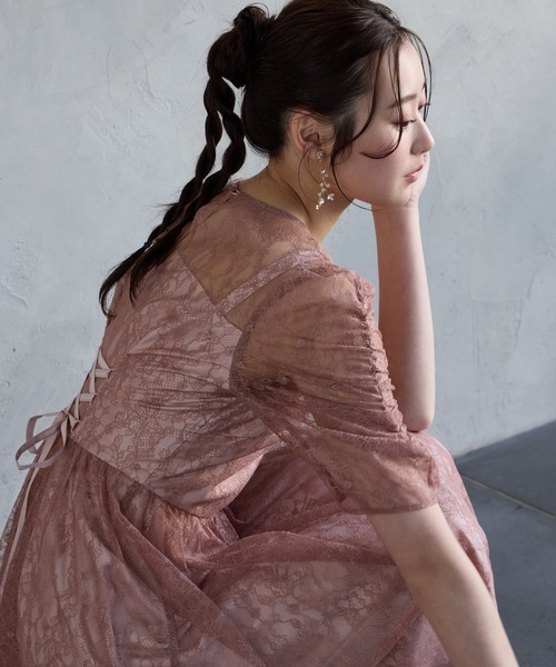 AIMER（エメ） ドレス ラメレースギャザースリーブレースアップ