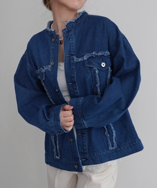 Rashik デニムジャケット gジャン フリンジノーカラーデニムジャケット