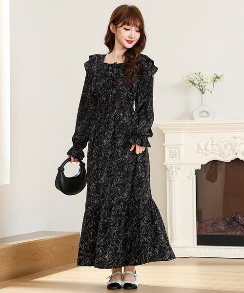 Anely ワンピース ボタニカル柄 フリル リボン ティアード ロング