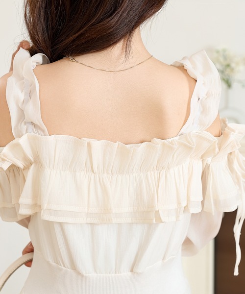 Anely ワンピース オフショル シフォン フリル ロング ワンピース