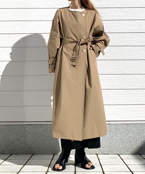 Q トレンチコート コート ノーカラートレンチコート レディース