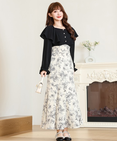 Anely ワンピース フリル ショルダー 花柄 ドッキング ワンピース