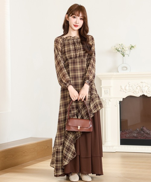 Anely ワンピース チェック柄 アシンメトリー 配色 ティアード