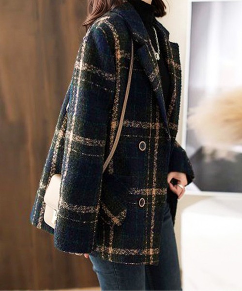 コート アウター ゴールドボタンチェックダブルブレストジャケット