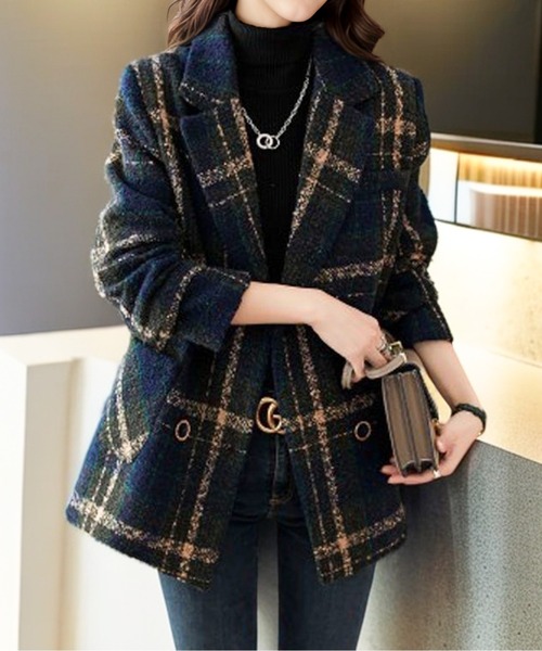 コート アウター ゴールドボタンチェックダブルブレストジャケット