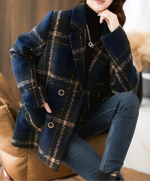 コート アウター ゴールドボタンチェックダブルブレストジャケット