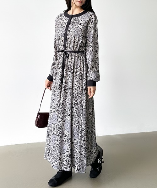 COCOMOMO ワンピース 大人映えデザイン ダマスク柄ワンピース タッセル