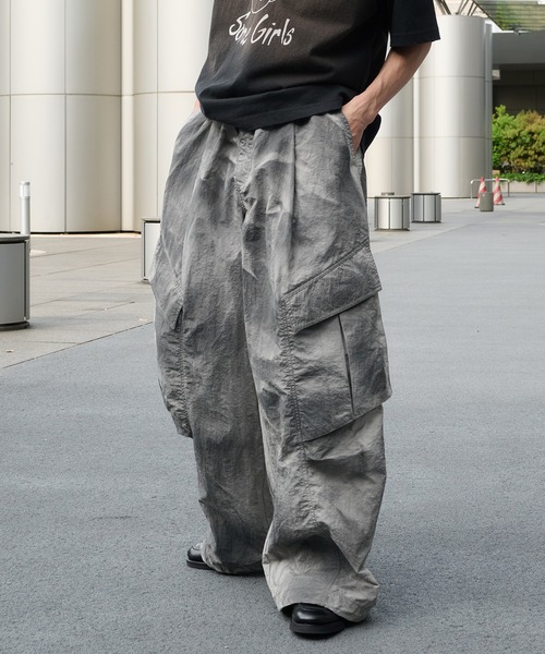 Perushu カーゴパンツ フェードクラッシュシェルカーゴパンツ メンズ