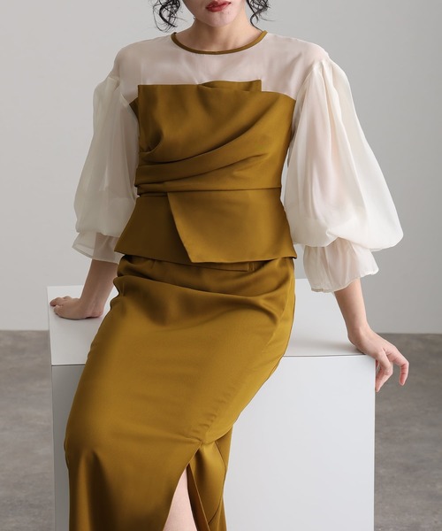 atlo（アトロ） ドレス 袖あり＆ミモレ丈同窓会ドレープビスチェ