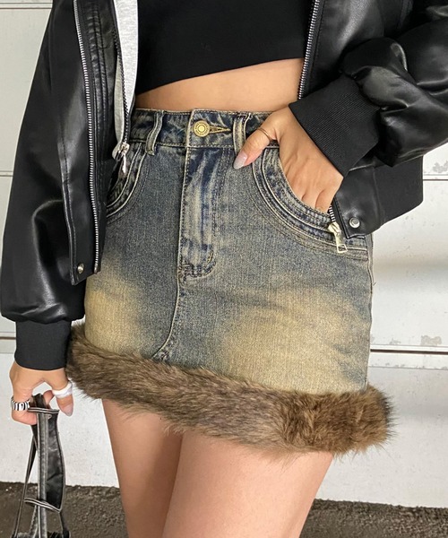 non-hedge（ノンヘッジ） デニムスカート フェイクファー切替