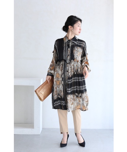 cawaii チュニック ふわりと広がるシアーなスカーフ柄チュニック