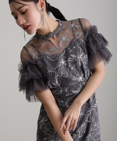 atlo（アトロ） ドレス 結婚式パーティードレスキーネックミモレ丈＆袖