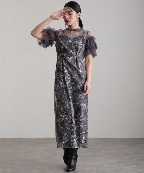 atlo（アトロ） ドレス 結婚式パーティードレスキーネックミモレ丈＆袖