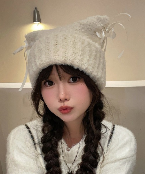 ニット帽 ニットキャップ Nia(ニア)/レースアップリボン 猫耳ビーニー