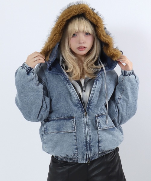 ブルゾン アウター フードファー デニムジップアップパーカーブルゾン