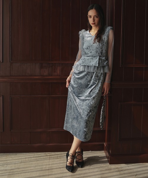 Callarus ドレス アシメチュールフリルデザインクラッシュベロア