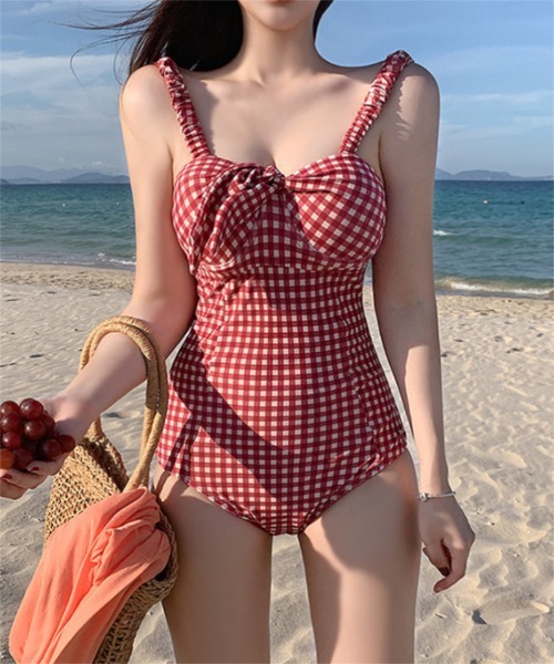 おしゃれスタ 水着 レトロギンガムチェックワンピーススイムウェア
