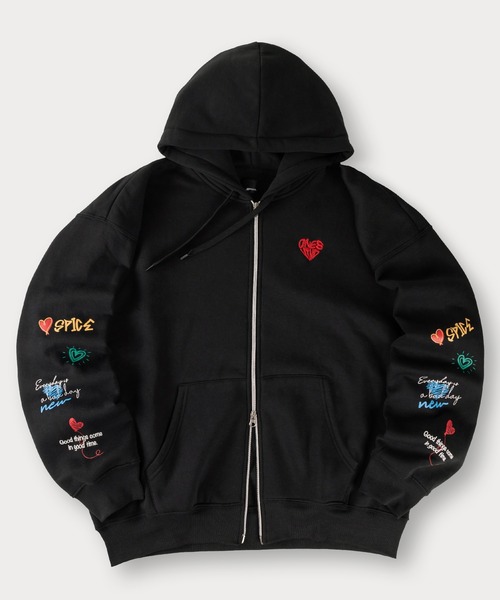 パーカー 「85」ワンポイント ハート刺繍 アームプリント 裏起毛