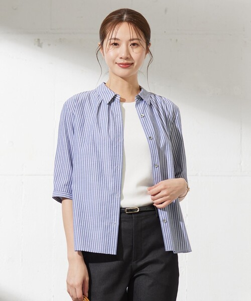 ブラウス シャツ 「洗える」BEZ空羽ストライプ 前開き シャツカラー