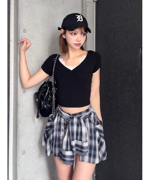 Darich（ダーリッチ） tシャツ レースVネッククロップドTシャツ