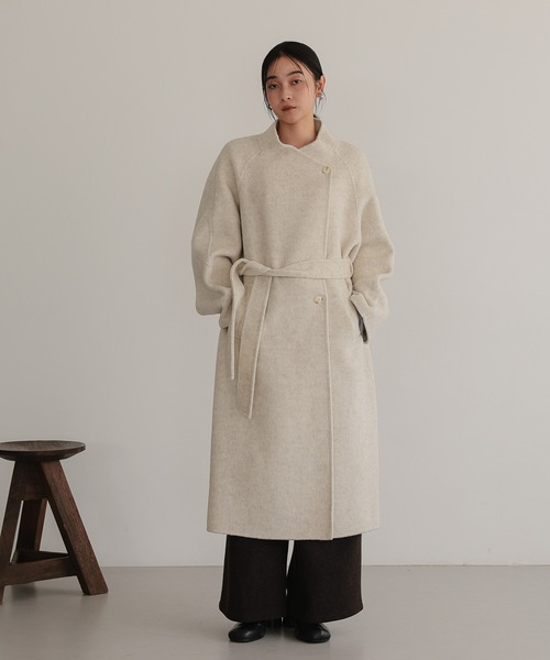 ノーカラーコート コート ベルト付き ロングコート レディース