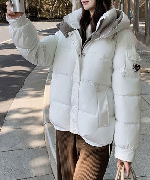 ダウンコート ダウンジャケット フェイクダウン バイカラー フーディー