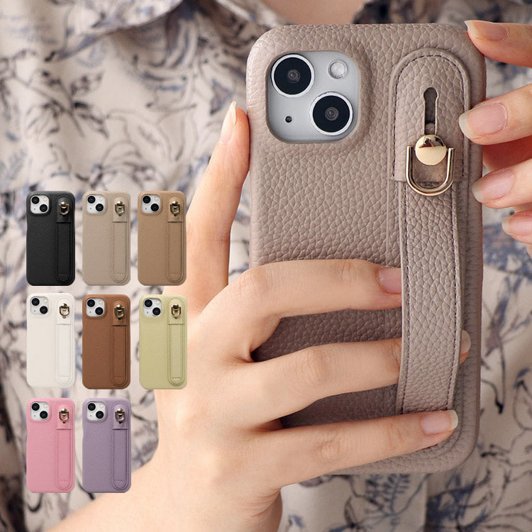 背面ベルト付きスマホケース｜本革風×アニマルフリー｜くすみカラー全8