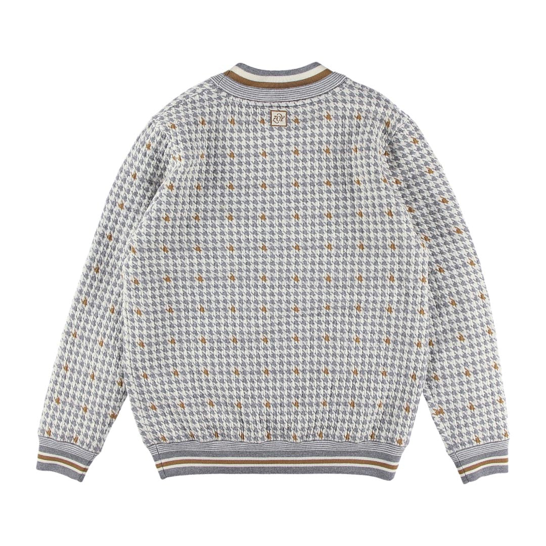 MEN CASHWOOL 千鳥ジャガード 長袖セーター (防風裏地付き) ボルドー