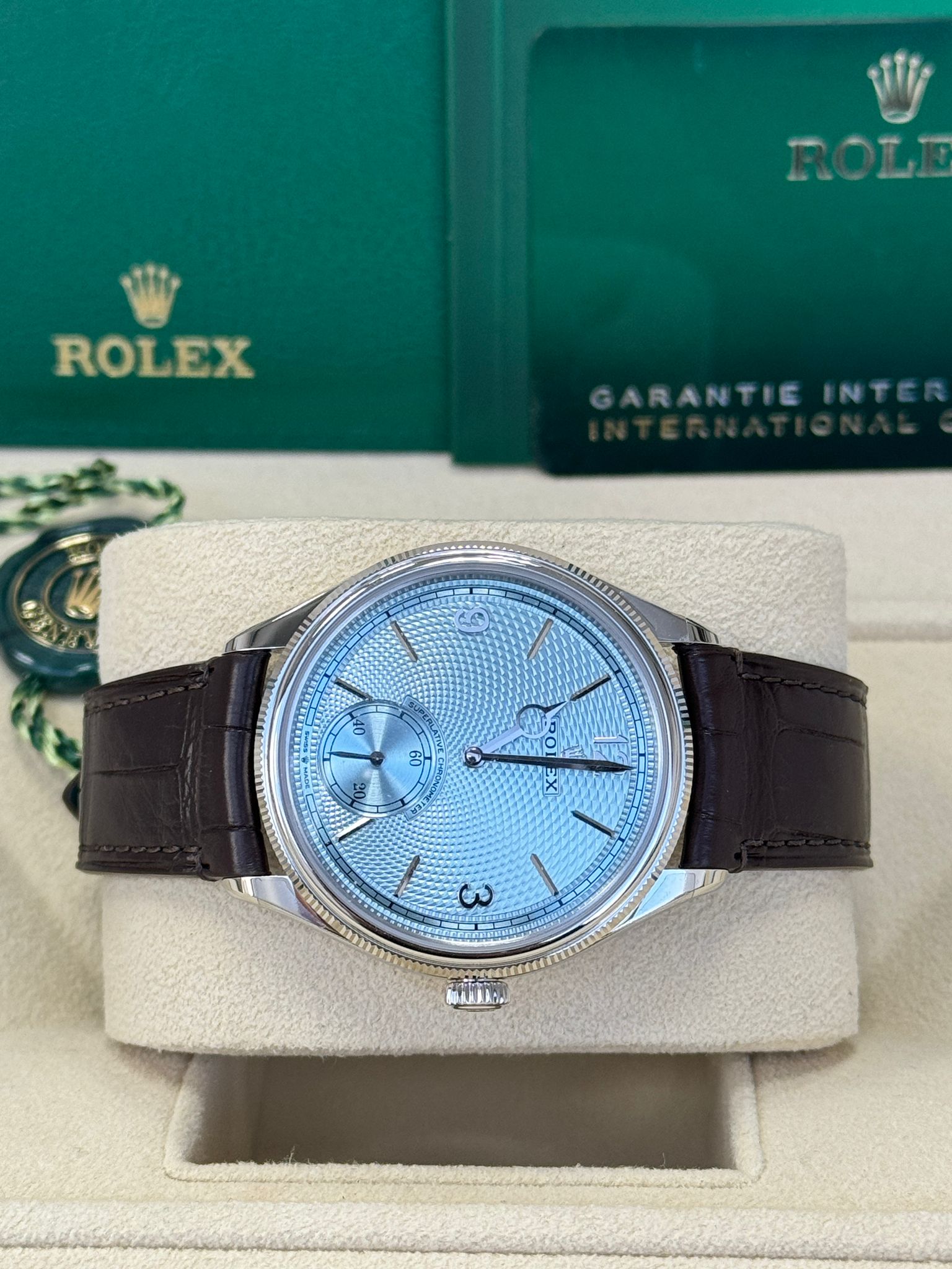 Rolex Perpetual 1908 39 mm 52506 Platinum Ice Blue Dial Brown