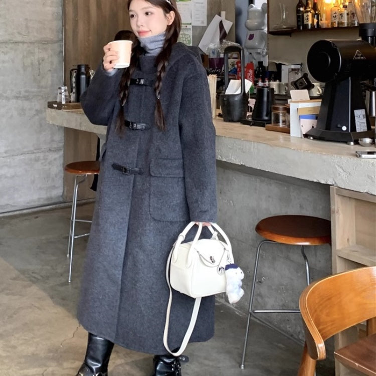 ダッフルコート レディース ダークグレー フード付 ストラップ ロング