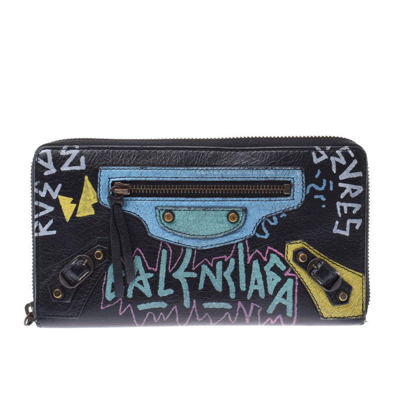 バレンシアガグラフィティ ラウンドファスナー長財布 黒/マルチカラー