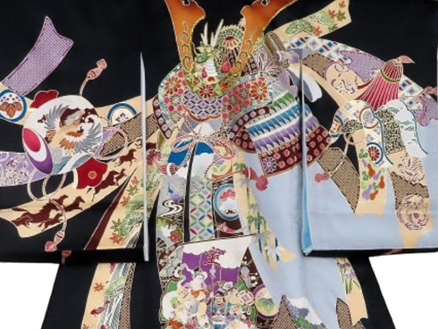 お宮参り着物正絹（初着・産着）男児G7-71 【吉祥十徳】兜柄 黒地