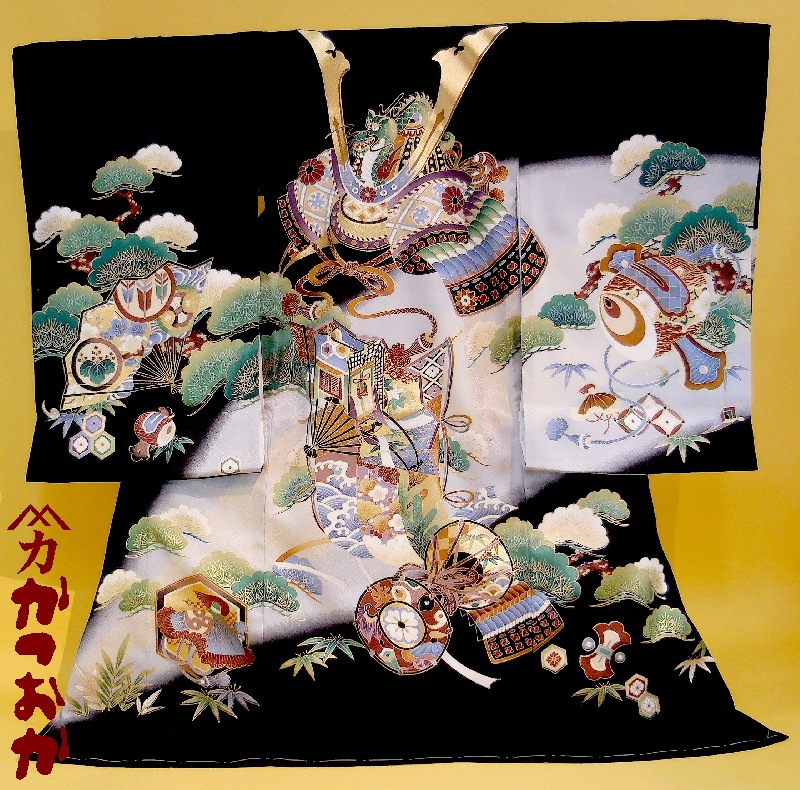 お宮参り着物正絹（初着・産着）男児G3-2 兜に御所車・つつみの柄