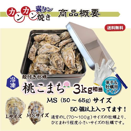 牡蠣のカンカン満タン焼き】冷凍 殻付き牡蠣／桃こまち MSサイズ 3kg入