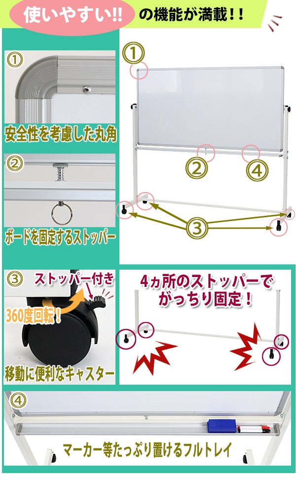 ホワイトボード,W1800xH900,両面,エコノミーモデル,マーカー