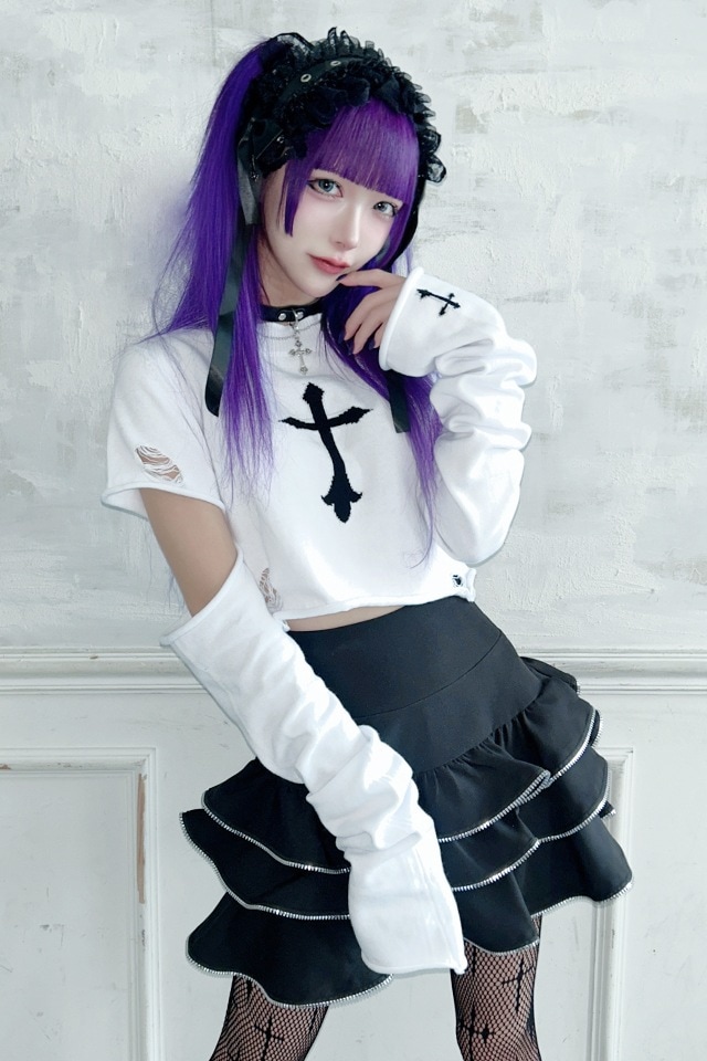 MA*RS】クロス刺繍クラッシュショートニット - BLK/ホワイト size-F